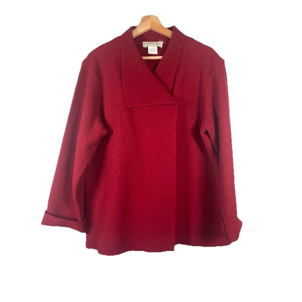 Orvis Boiled Wool Two Button Jacket Women’s Size M Red Burgundy Cardigan Luxury